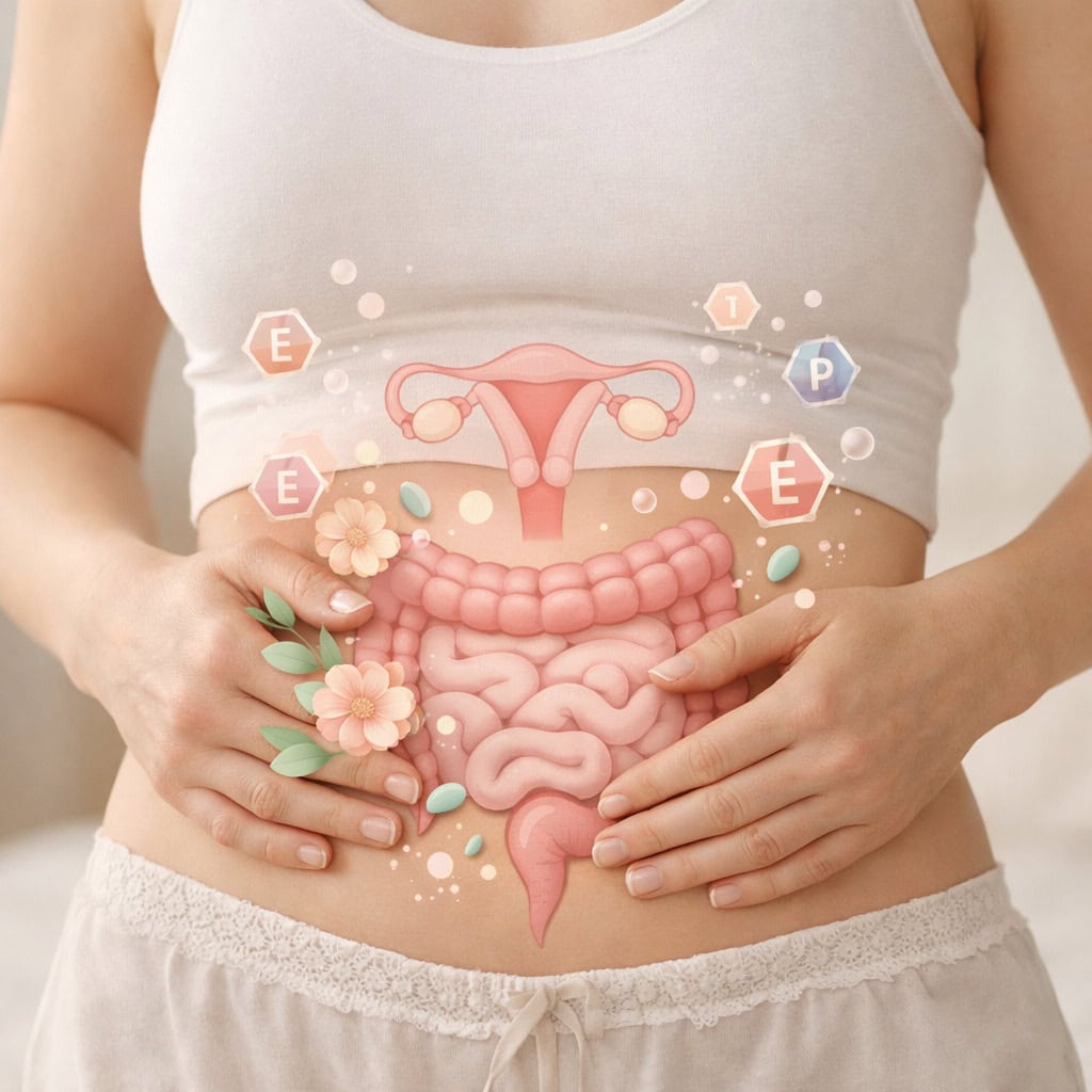 Opgeblazen buik na het eten bij vrouwen door hormonen en darmflora.