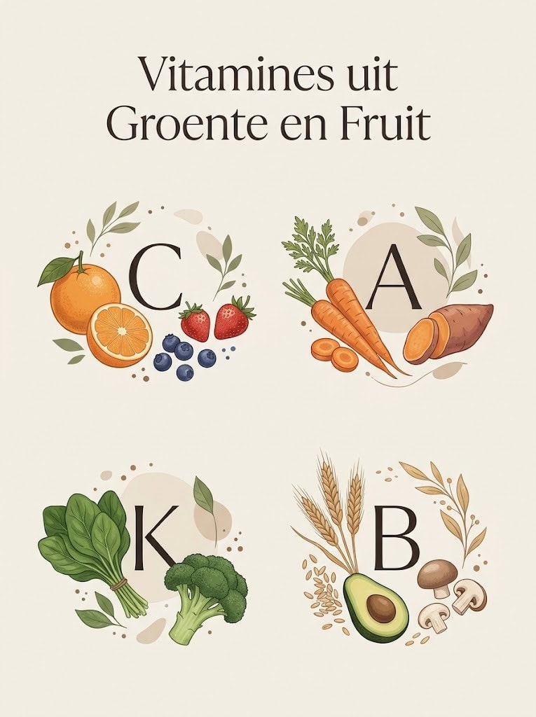 "Een professionele en strakke illustratie van verschillende soorten groente en fruit met de bijbehorende vitamines: Vitamine C (sinaasappel, aardbeien, blauwe bessen), Vitamine A (wortels, zoete aardappel), Vitamine K (spinazie, broccoli) en Vitamine B (avocado, granen, champignons)